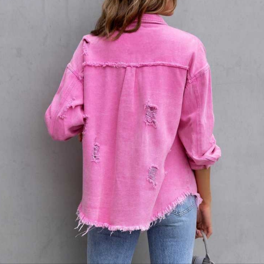 Rugged Vogue Distressed Denim Jacket - Pink - Picture 2 of 4